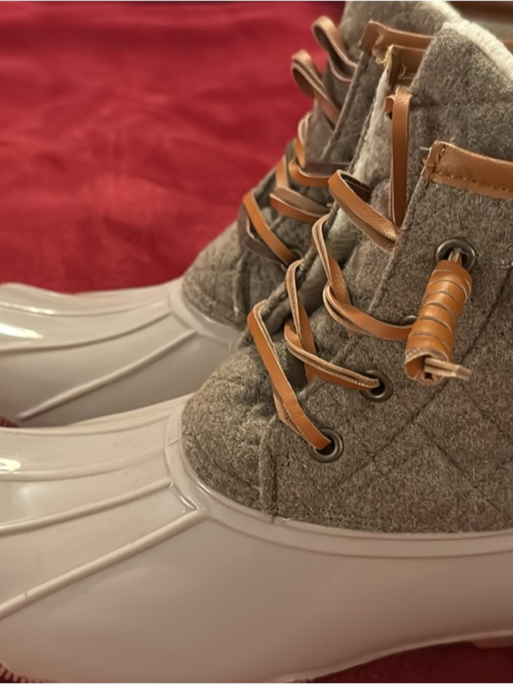 Seven7 Gray Quilted Duck Boots with Tan Laces